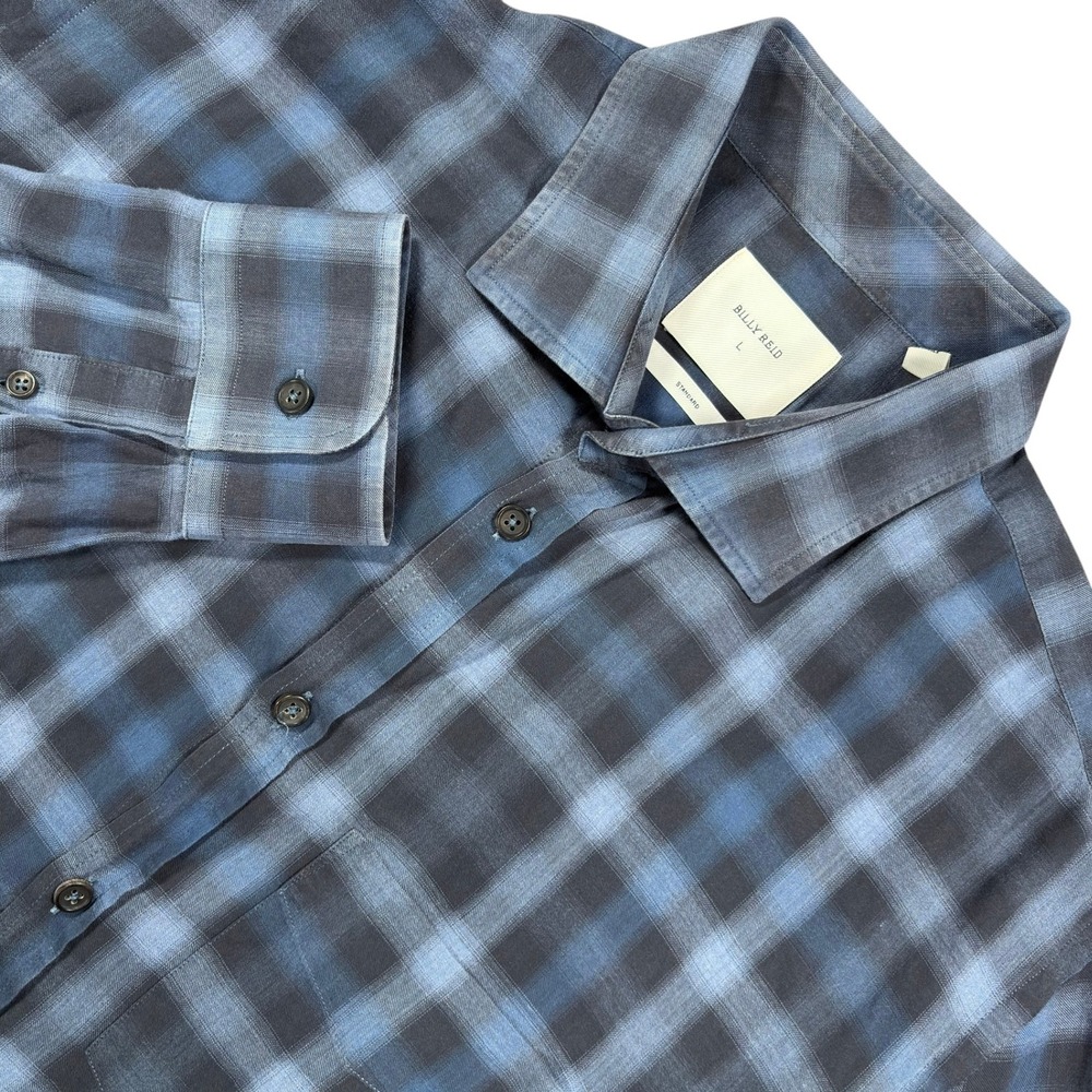 Billy Reid Standard Fit Button Down Shirt Mens L Blue Plaid Cotton Made in Italy